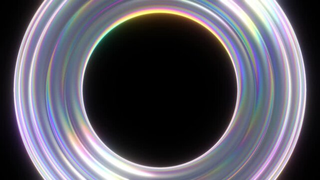 Abstract iridescent glowing circular ring with holographic rainbow dispersion and futuristic metallic light reflections on black background