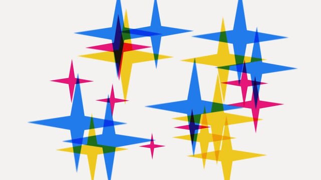 Abstract dynamic pattern featuring colorful star shapes dancing on simple clean white backdrop clip.