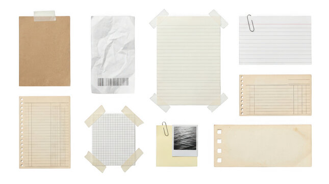 Collection of various vintage paper scraps, notes, and stationery isolated on transparent background