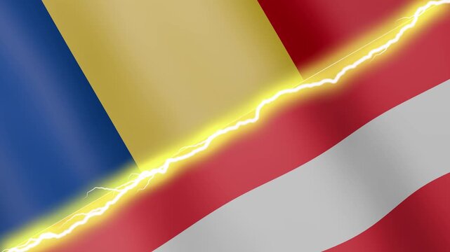 Two waving flags Romania and Austria with diagonal lightning seamless, 4k loop