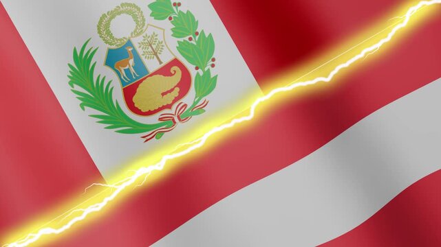 Two waving flags Peru and Austria with diagonal lightning seamless, 4k loop