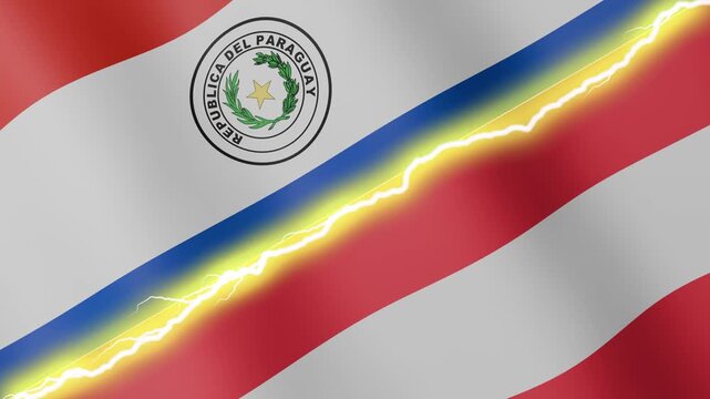 Two waving flags Paraguay and Austria with diagonal lightning seamless, 4k loop