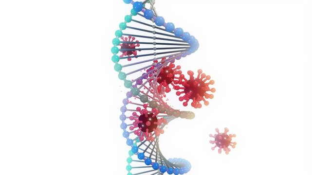 DNA helix intertwined with virus particles, illustrating the concept of viral genetic material and infection on a white background