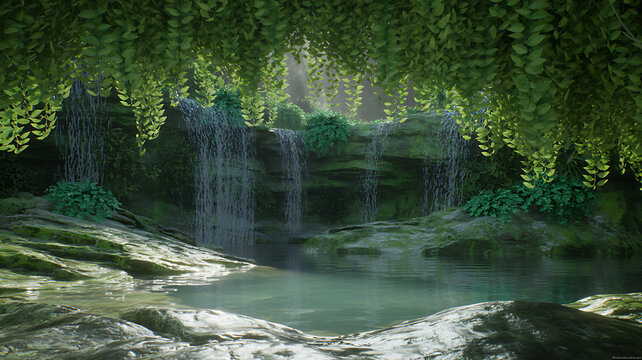 A hidden forest grotto featuring multiple small waterfalls trickling over moss-covered rocks into a clear, shallow pool, framed by hanging green vines and lush vegetation in a peaceful, shaded