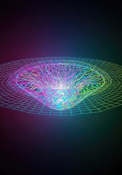 Abstract digital illustration of a warped geometric grid creating a hyperbolic singularity, emphasizing depth and non-linear space flow, dynamic, abstract, plane