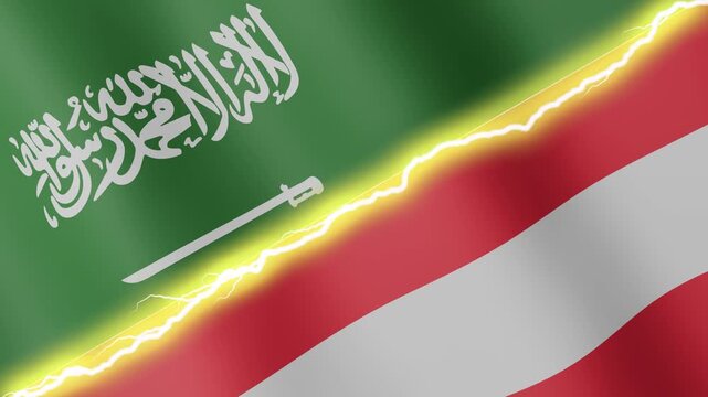 Two waving flags Saudi Arabia and Austria with diagonal lightning seamless, 4k loop