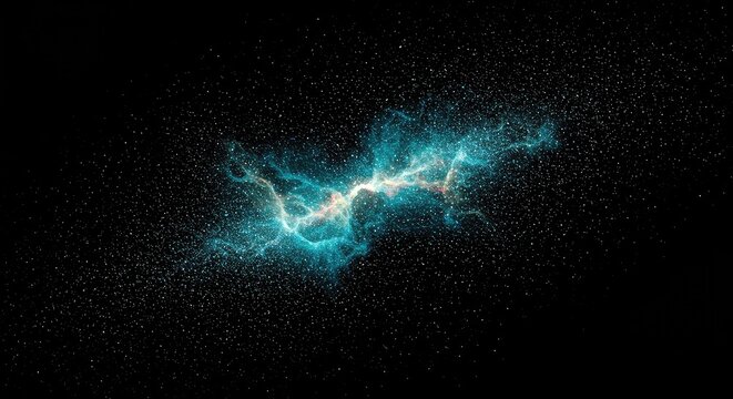 Abstract digital noise and scattering particles representing increasing disorder and thermodynamic complexity or decay within a conceptual system, particle, geometry, concept
