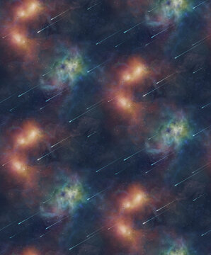 Seamless background, dynamic meteor shower with vibrant nebula and glowing stardust for a high-energy cosmic fantasy