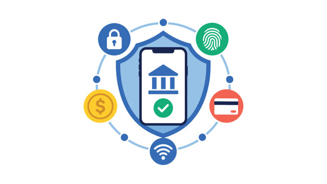 Secure mobile banking concept featuring a protected smartphone surrounded by biometric authentication credit card and digital wallet icons representing safe financial transactions and data privacy