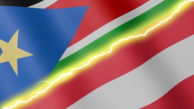 Two waving flags South Sudan and Austria with diagonal lightning seamless, 4k loop