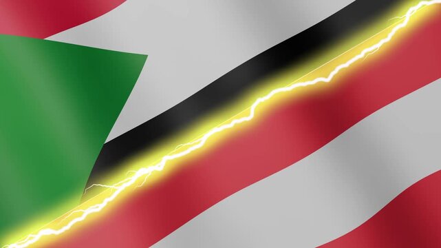 Two waving flags South Sudan and Austria with diagonal lightning seamless, 4k loop