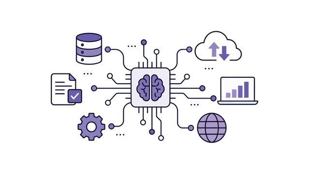 Central artificial intelligence brain processor synchronizing global digital networks cloud data storage secure databases and corporate business analytics