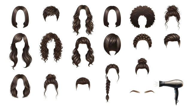 Set of Different Hair Styles and Hair Styling Designs, Collection of Diverse Hairstyles with Decorative Vector Illustration Elements, Beauty and Fashion Concept