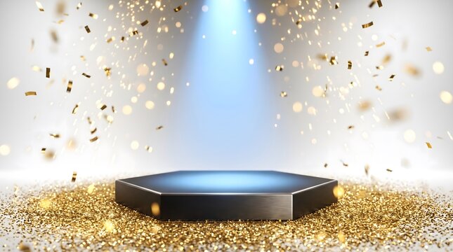 A hexagonal product display podium illuminated by a bright spotlight surrounded by falling golden confetti on a clean white background