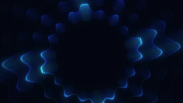Abstract futuristic blue glowing waves forming a circular tunnel on a dark background
