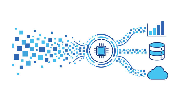 Digital data processing concept showing raw pixel information passing through a central microchip hub to be distributed into analytics databases and cloud storage