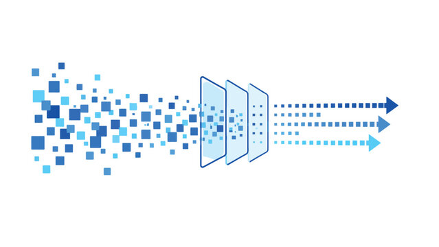 Data filtering and sorting process concept showing chaotic digital pixels passing through layered screens to become organized directional data streams
