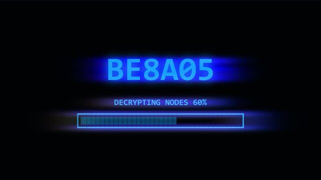 Decrypting nodes progress bar with glowing blue code on a dark black background technology concept
