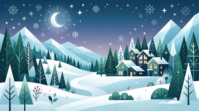 Snowy village rests peacefully beneath a crescent.