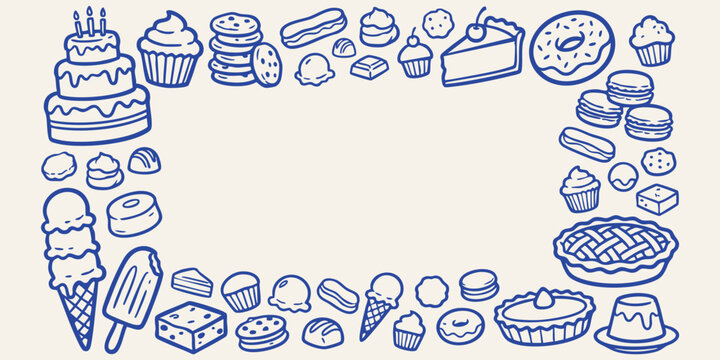 A collection of hand drawn doodle sweet treats forming a border against a light background for copy space