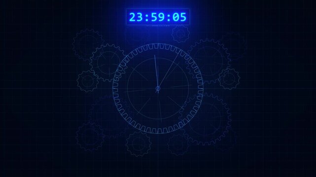 Digital Clock and Abstract Gears Displaying Time in a Futuristic Blue Neon Glow on a Dark Background