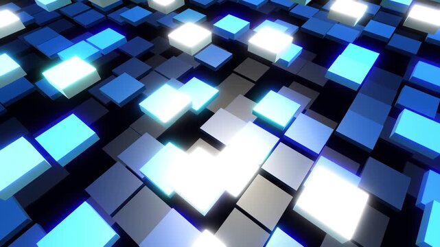 Abstract 3D Motion Background Featuring Glowing Blue and White Illuminated Digital Squares in a Futuristic Matrix Grid Pattern
