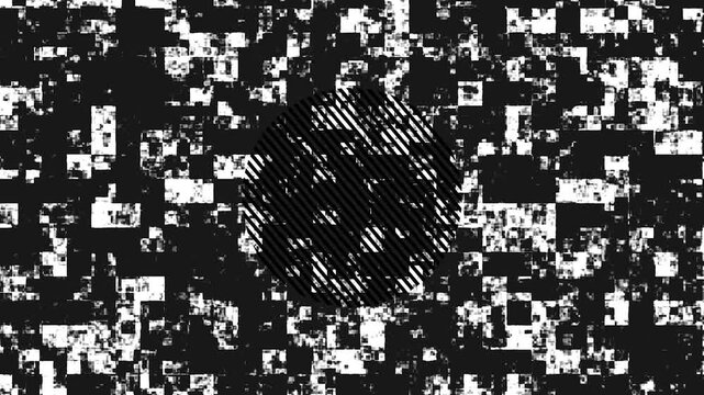 Glitch circle graphic animation with digital squares moving on white background for creative motion.