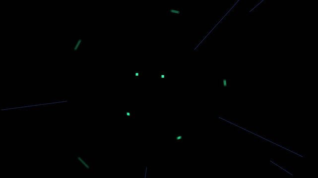 Glowing green dots spinning in circular motion against black background with faint purple light rays.