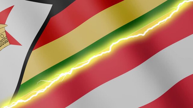 Two waving flags Zimbabwe and Austria with diagonal lightning seamless, 4k loop