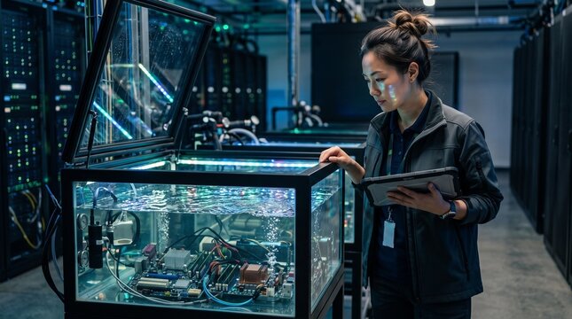 Technician examines submerged computer hardware in a server room for eco-friendly cooling Electronics recycling chain