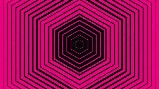 Hypnotic neon pink hexagon tunnel animation with infinite receding dark geometric layers in motion.