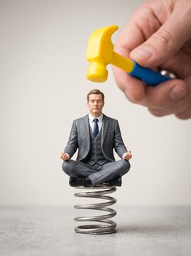 Miniature meditating businessman on a spring about to be hit by a toy hammer, resilience concept.