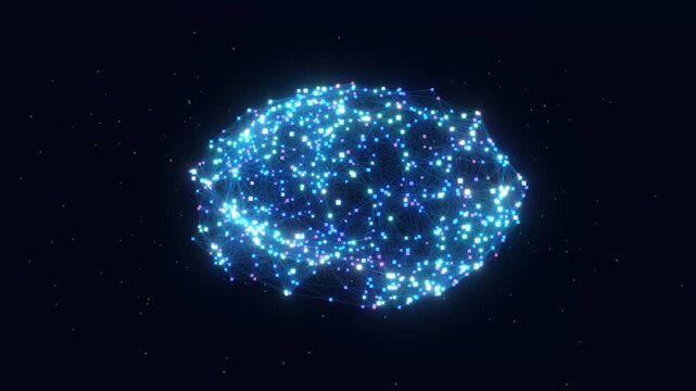 Futuristic glowing blue brain made of digital particles and glowing nodes representing artificial intelligence and data science