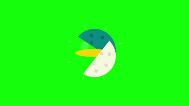 Abstract flat design animation icon of a circular character with teal and white spotted segments and a yellow beak isolated on a bright green background for vector motion graphics.