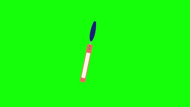 Pink luggage tag animation icon with blank white label for travel identification or baggage claim, featuring a dark blue strap and isolated on a vivid green chroma key background.