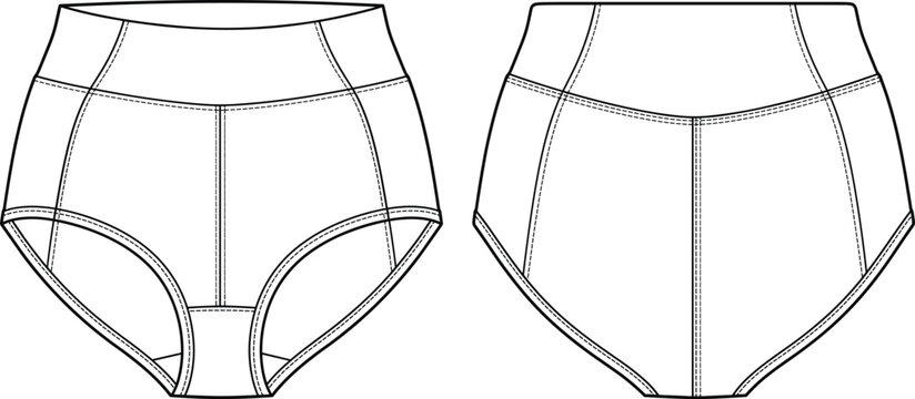 Technical fashion flat sketch of women's high waisted panel briefs front and back view vector illustration