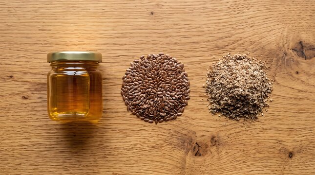 Glass jar of pure flaxseed oil beside whole brown flaxseeds and ground flaxseed meal on wooden surface top view