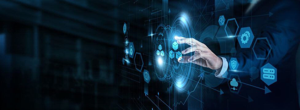 Blockchain Developer touching Blockchain technology and financial data. Distributed ledger, cryptocurrency, smart contracts, digital assets, secure transactions.