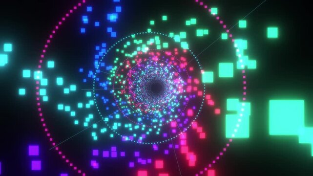 Abstract digital tunnel with swirling neon pixels and a glowing ring creating a futuristic and dynamic visual experience perfect for technology or sci-fi themes