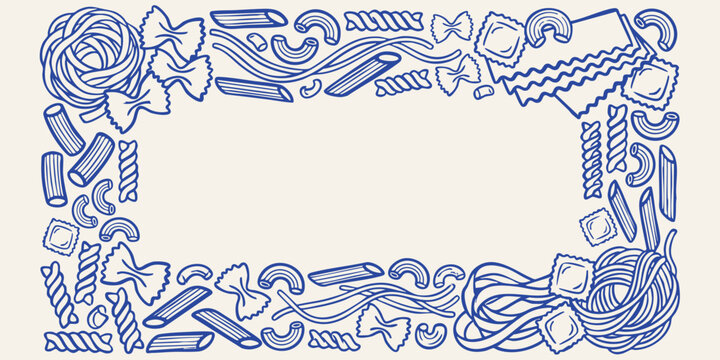 Assorted pasta shapes forming a decorative border with a hand drawn doodle style on a light background for culinary themes
