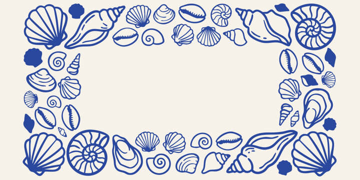 Assorted seashells arranged in a border with a hand drawn doodle style on a light background for graphic design