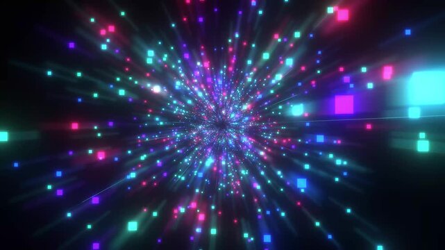 Abstract digital background featuring neon glowing pixel cubes radiating from a central point in space, creating a futuristic light burst effect