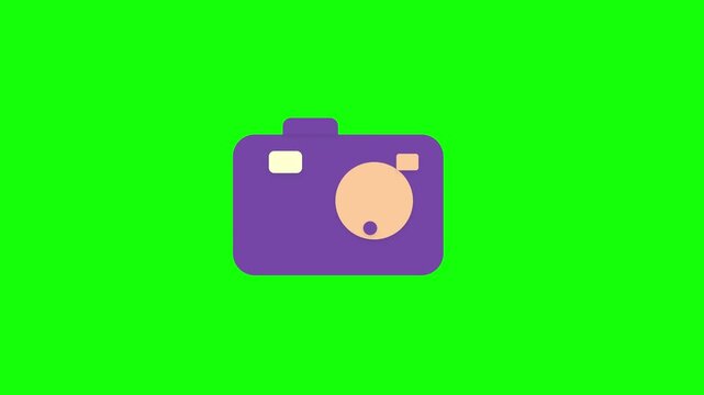 Purple digital camera animation icon featuring a white flash burst effect and orange lens isolated on a bright green chroma key background for video production and app UI.