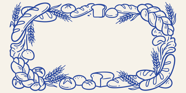 Assortment of bakery goods arranged in a decorative border a hand drawn doodle on a light background