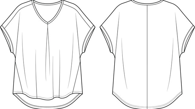 Technical fashion flat sketch of women's V-neck dolman sleeve top front and back view vector illustration