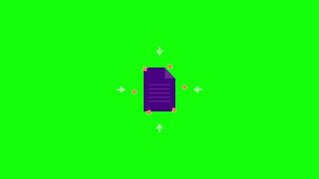 Purple document file animation icon with four green arrows pointing inward and orange particle effects isolated on a solid green background for motion graphics and video production.