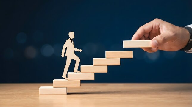 Business person climbing wooden block stairs representing professional growth with career growth