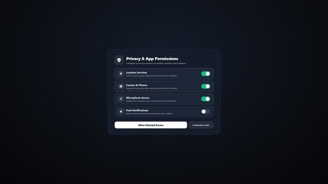 App permission privacy toggles for user data control on dark background. 4K Video