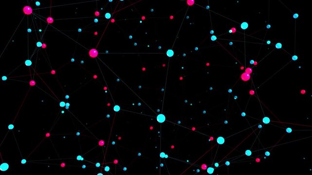 Dynamic abstract digital network visualization featuring glowing interconnected pink and blue spheres, symbolizing global data flow, technological innovation, and modern connectivity