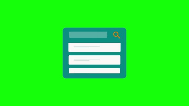 Search bar animation icon and user interface panel graphic with white content boxes and orange magnifying glass on a teal background isolated over a green screen for video editing.